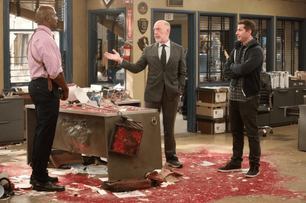 terry, jake, and dillman in the 99 covered in glitter in brooklyn nine nine season 7 episode 9 dillman