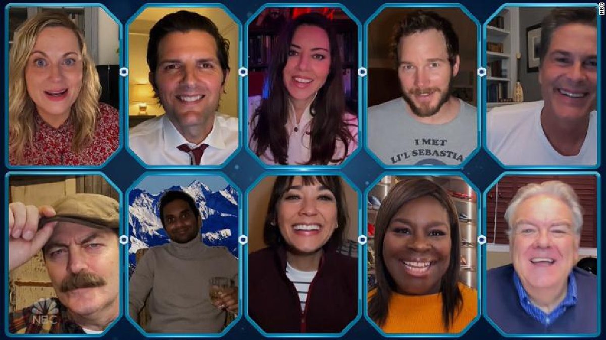 the cast of parks and recreation in a virtual social distancing episode
